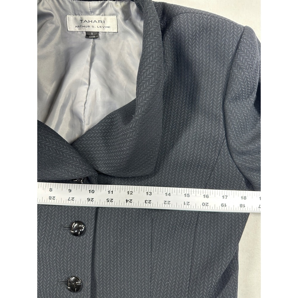 Vintage Tahari Levine Blazer 8 Black Herringbone Wide Collar Zip Pocket Jacket - Picture 8 of 15